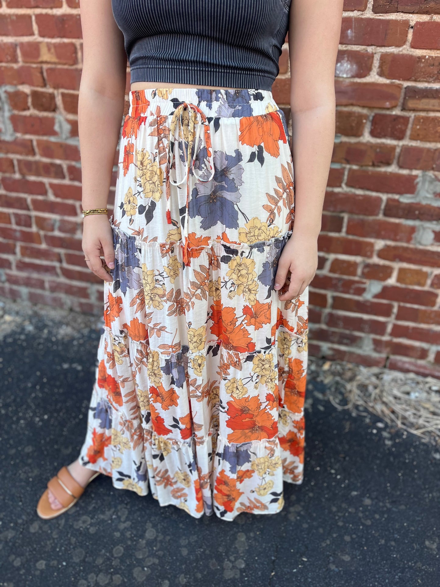 Textured Floral Merrowed Tiered Maxi Skirt with Elastic Waist