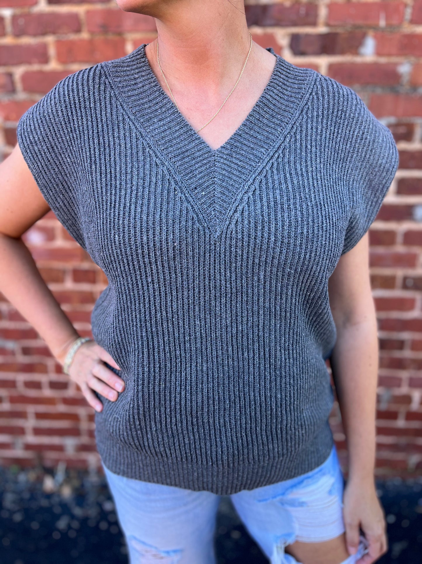 Oversized V-Neck Knit Vest - Charcoal