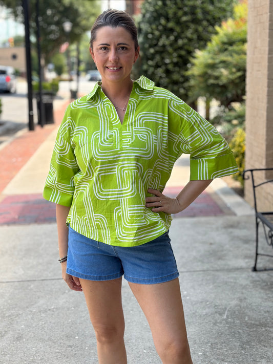 Entro Chartreuse Abstract Print Collared Split V-Neck Top