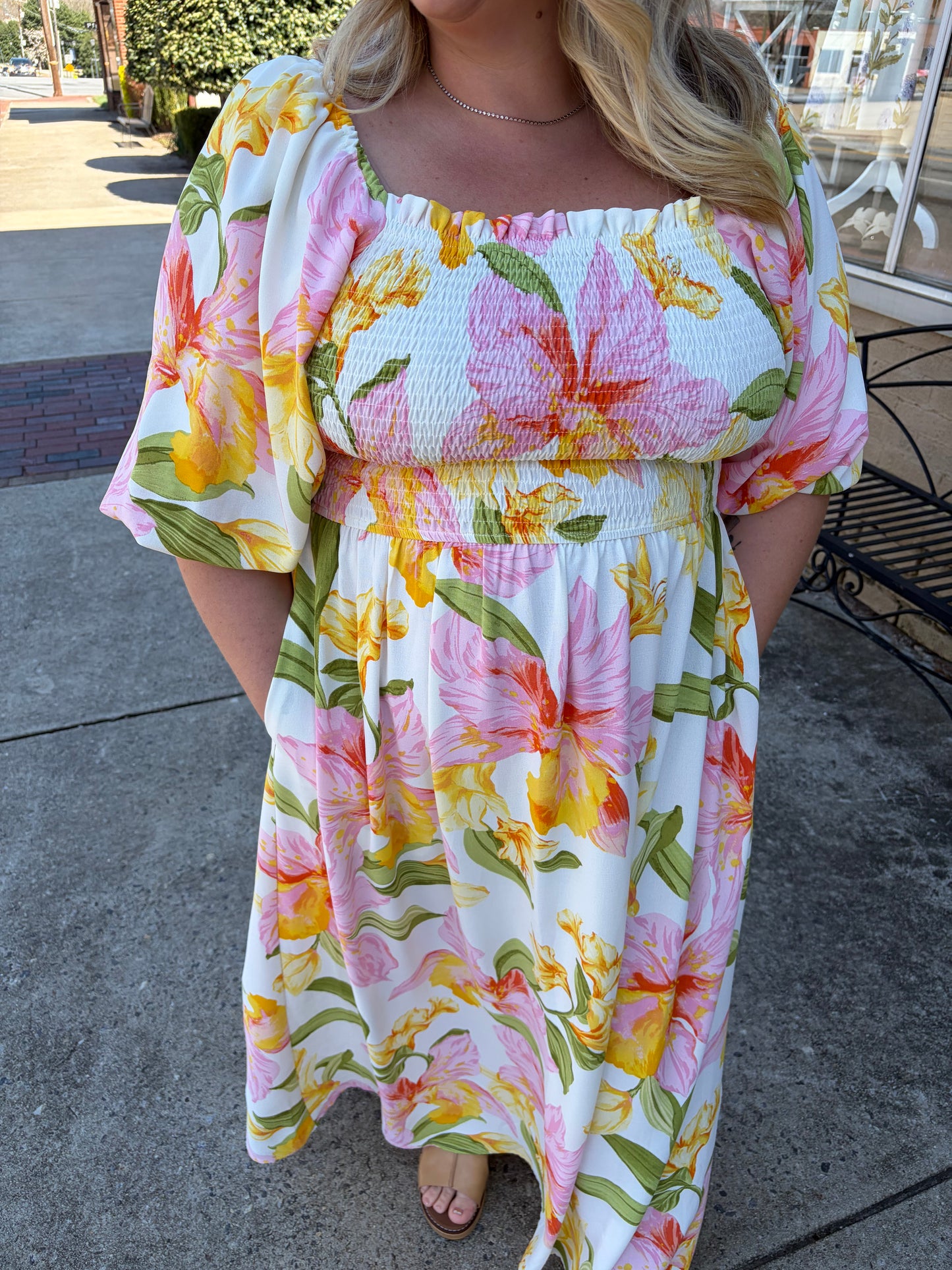 PLUS Oddi Floral Smocked Puff Sleeve Maxi Dress