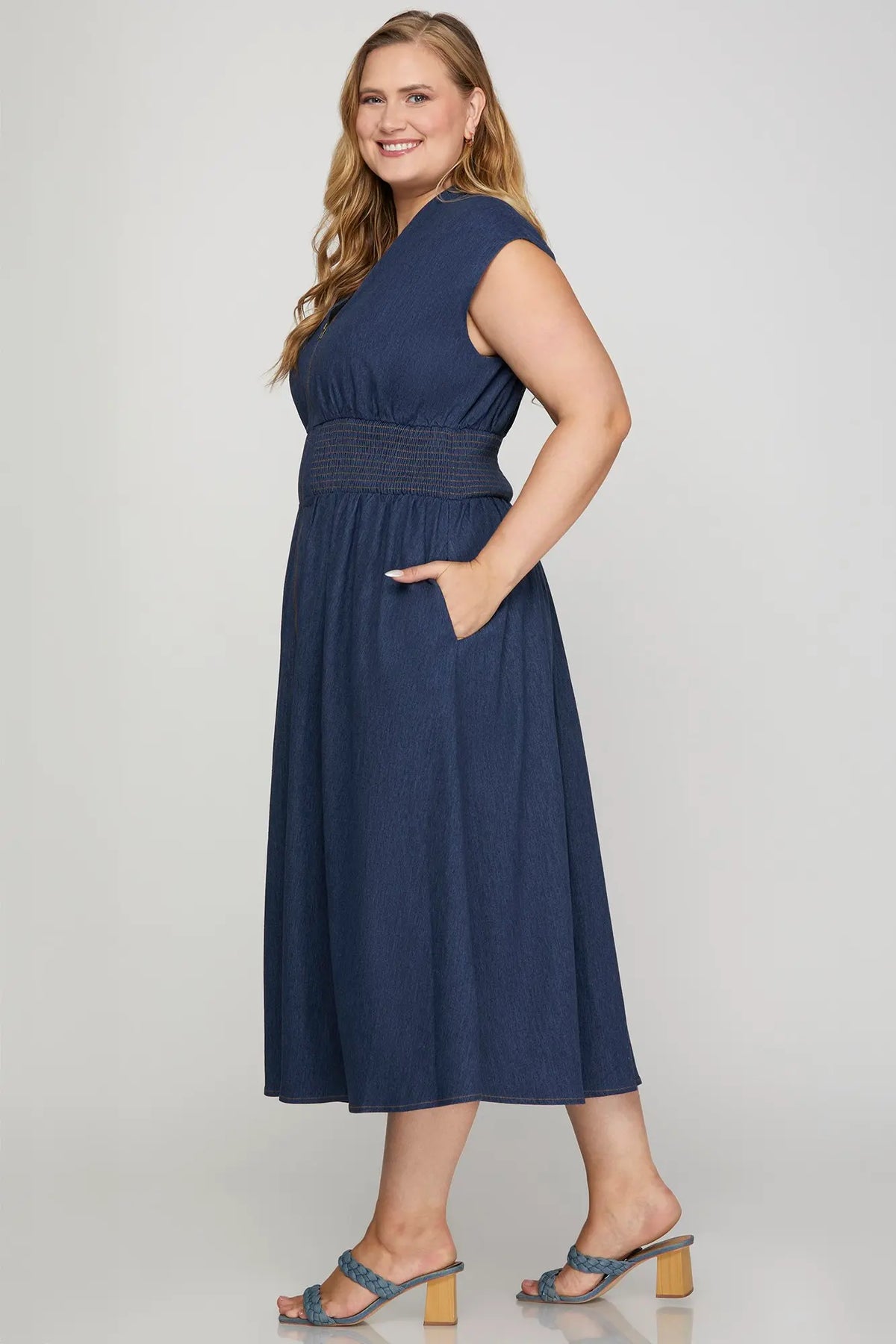 PLUS She and Sky Washed Denim Midi Dress with Smocked Waist & Front Zipper