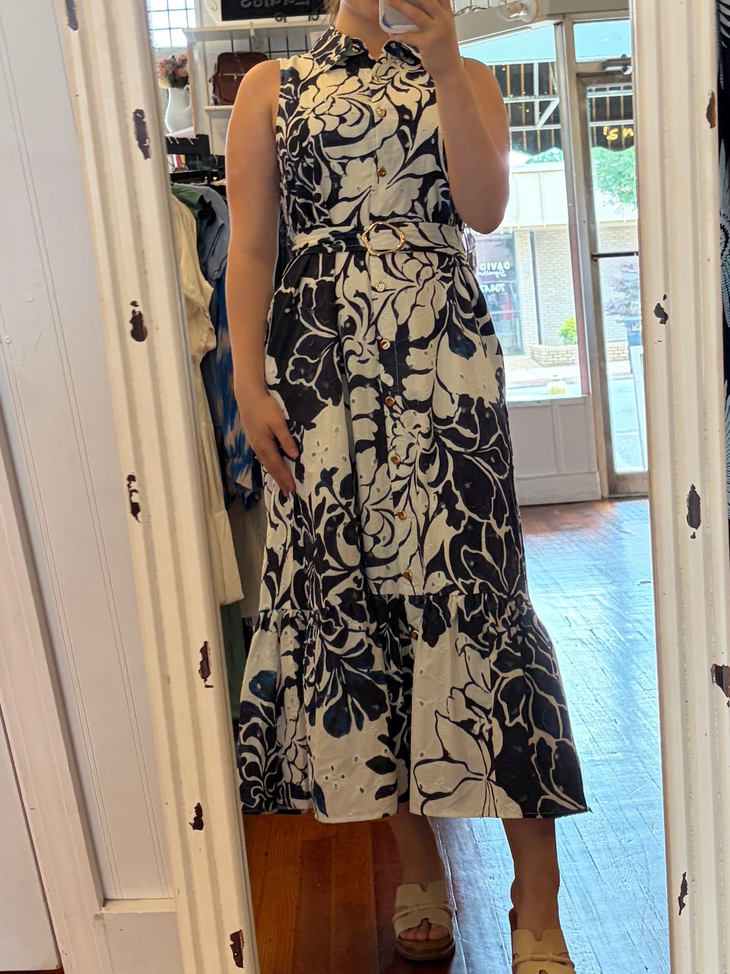 Entro Navy Floral Print Sleeveless Midi Dress with Tie Waist