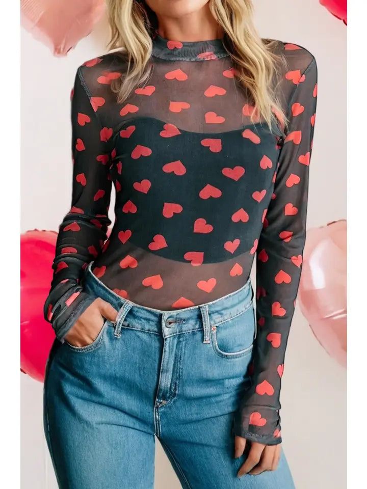 Valentine Hearts Sheer Mesh Mock Neck Top