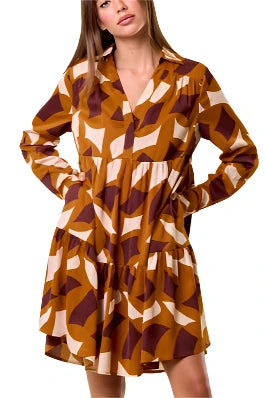 Caramel Abstract Printed Long Sleeve Dress