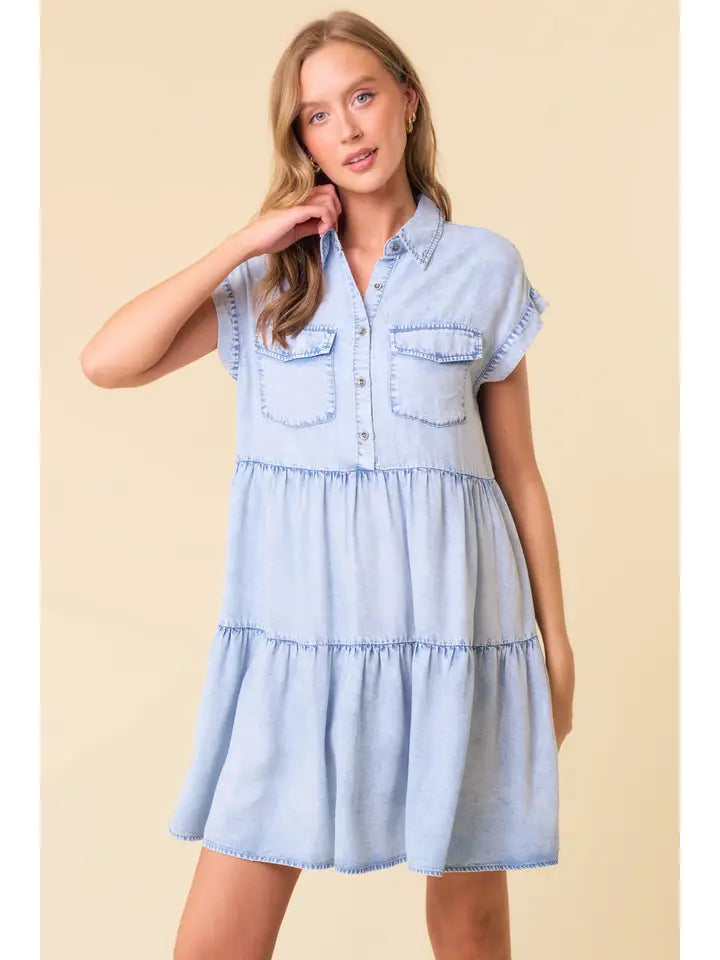 Short Sleeve Ruffled Hem Tencel Denim Dress