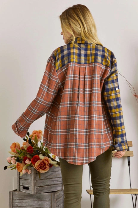 Rust/Mustard Button Down Plaid Shirt