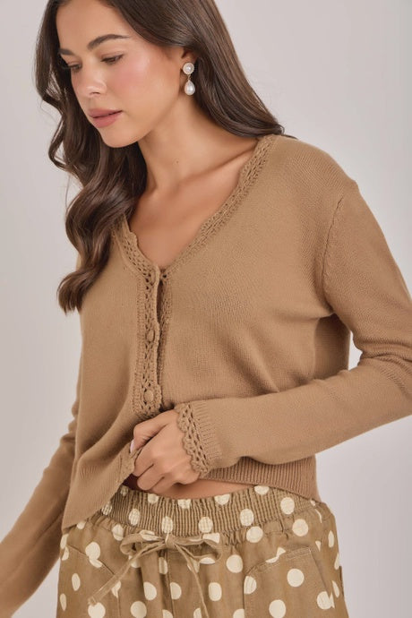 BON Lace Trim Button Front Cardigan – Mocha