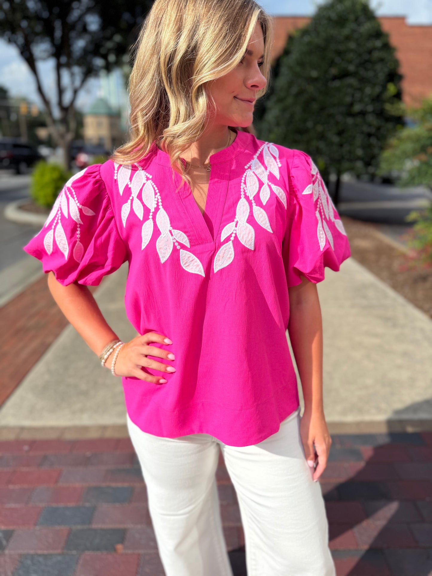 Leaf Embroidered Puff Sleeve Top