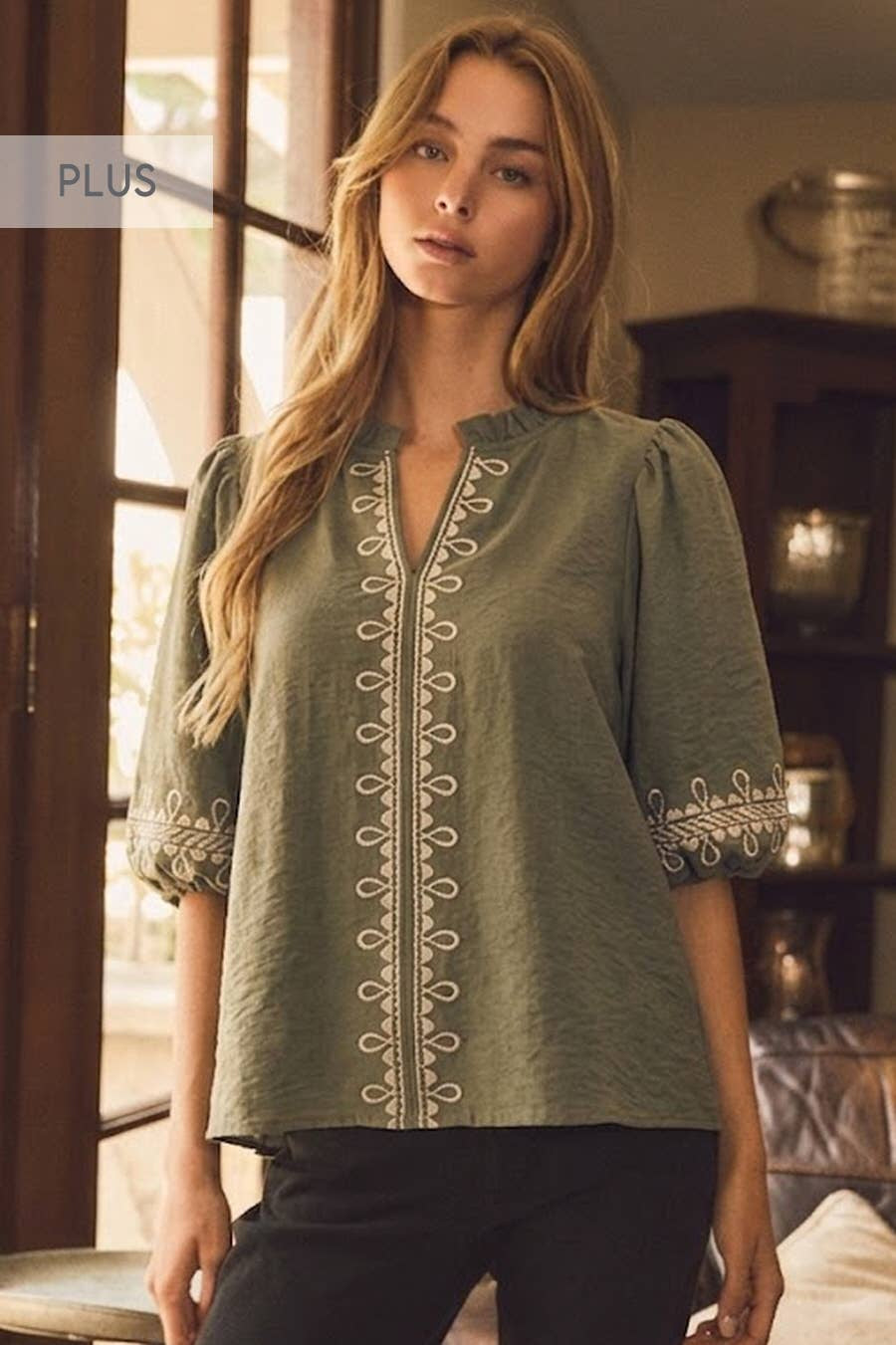 PLUS Oddi Golden Olive V-neck Peplum Top