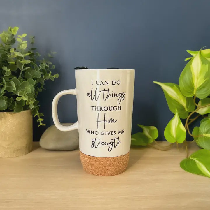I CAN DO ALL THINGS CORK BOTTM TRAVEL MUG