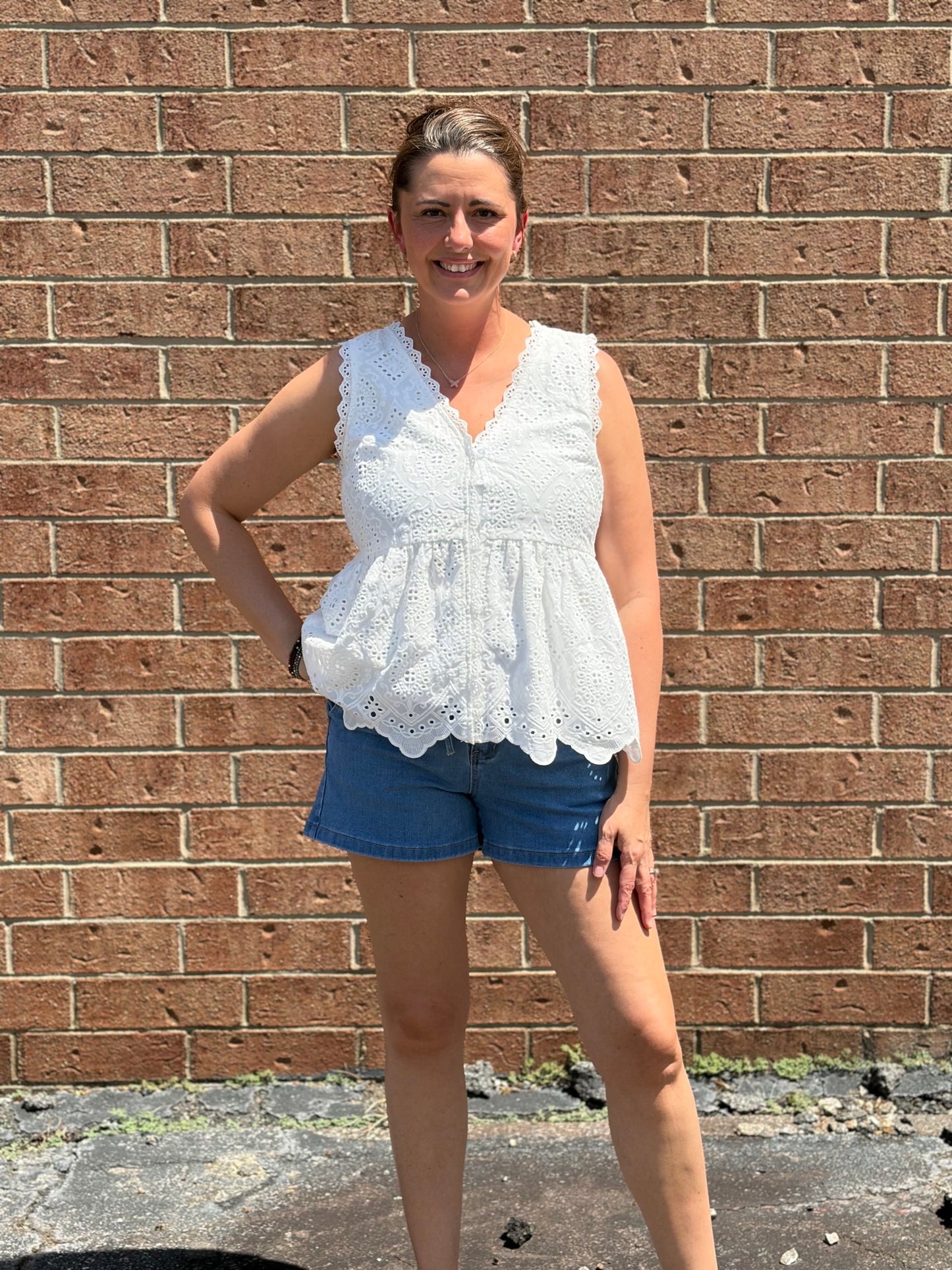 BON White Eyelet Lace Peplum Top