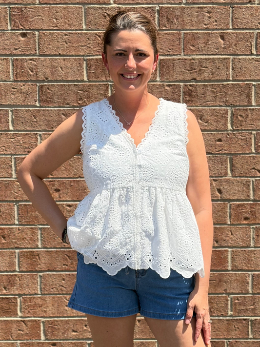BON White Eyelet Lace Peplum Top