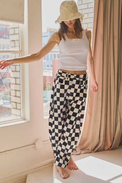 B&W Checkered Printed Barrel Denim Pants