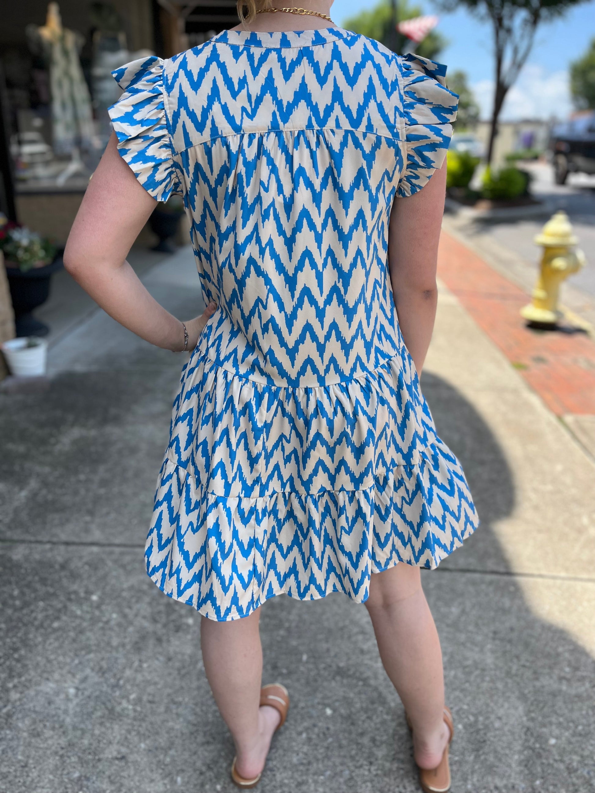 Umgee Blue Chevron Print Ruffle Sleeve Dress Umgee