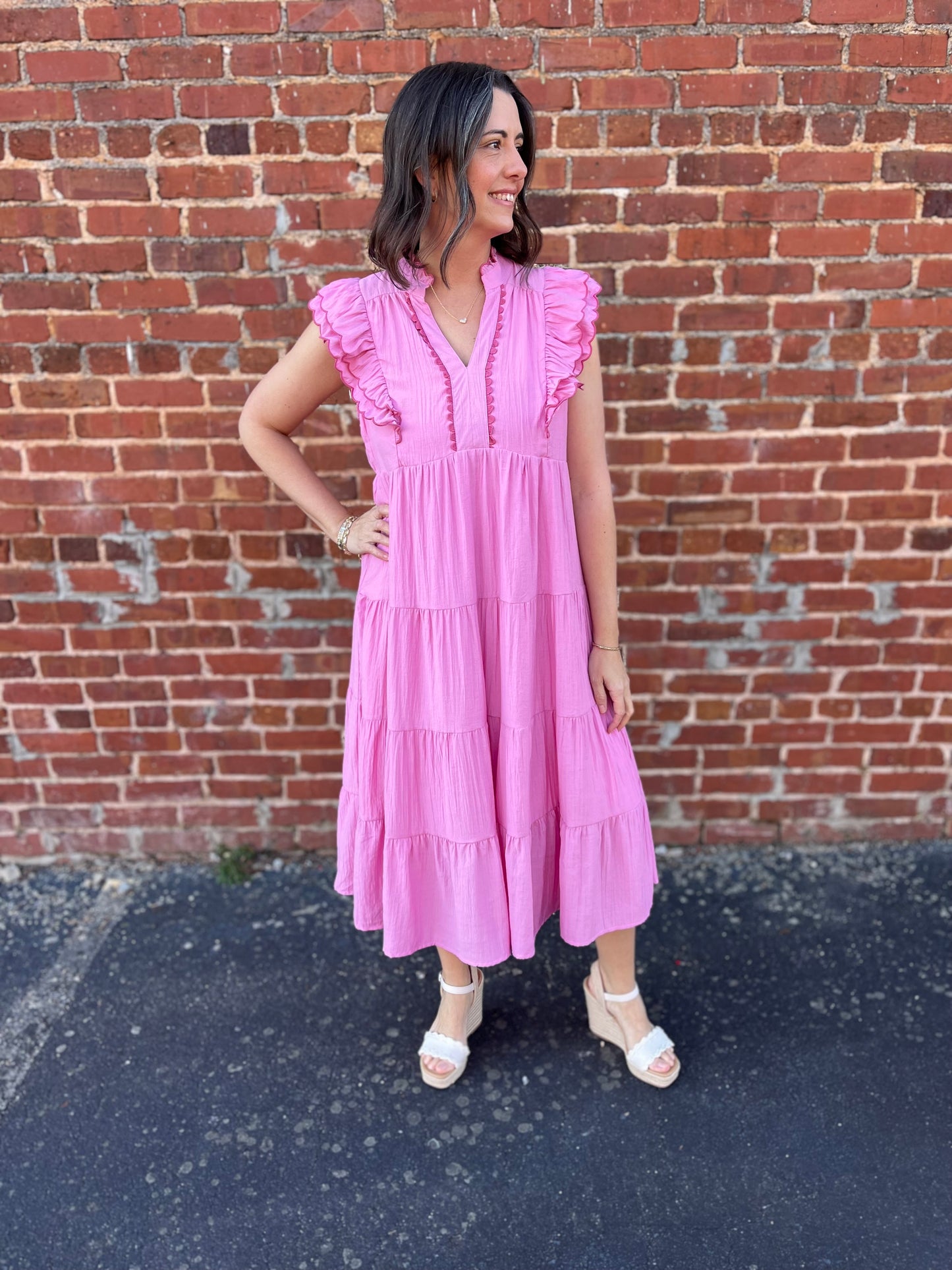 Umgee Pink Tiered Maxi Dress with Scalloped Details