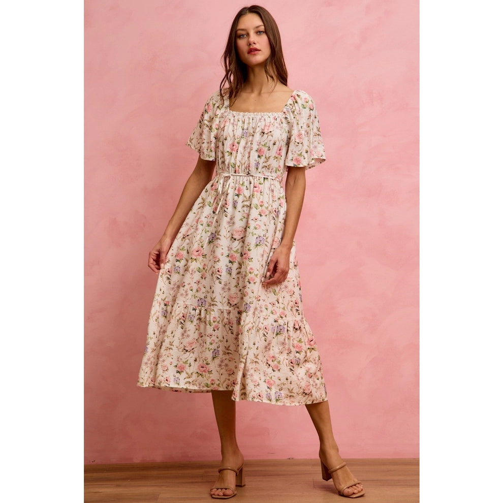 Textured Floral Print Flutter Sleeves Midi Dress