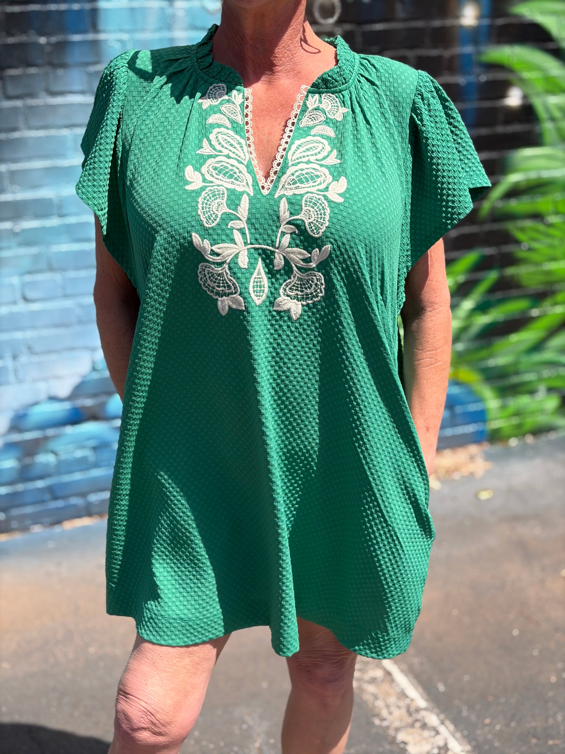 Umgee Emerald Bloom Embroidered Jacquard Flutter Sleeve Dress www.shoppesonmainconover.com Umgee Emerald Bloom Embroidered Jacquard Flutter Sleeve Dress www.shoppesonmainconover.com