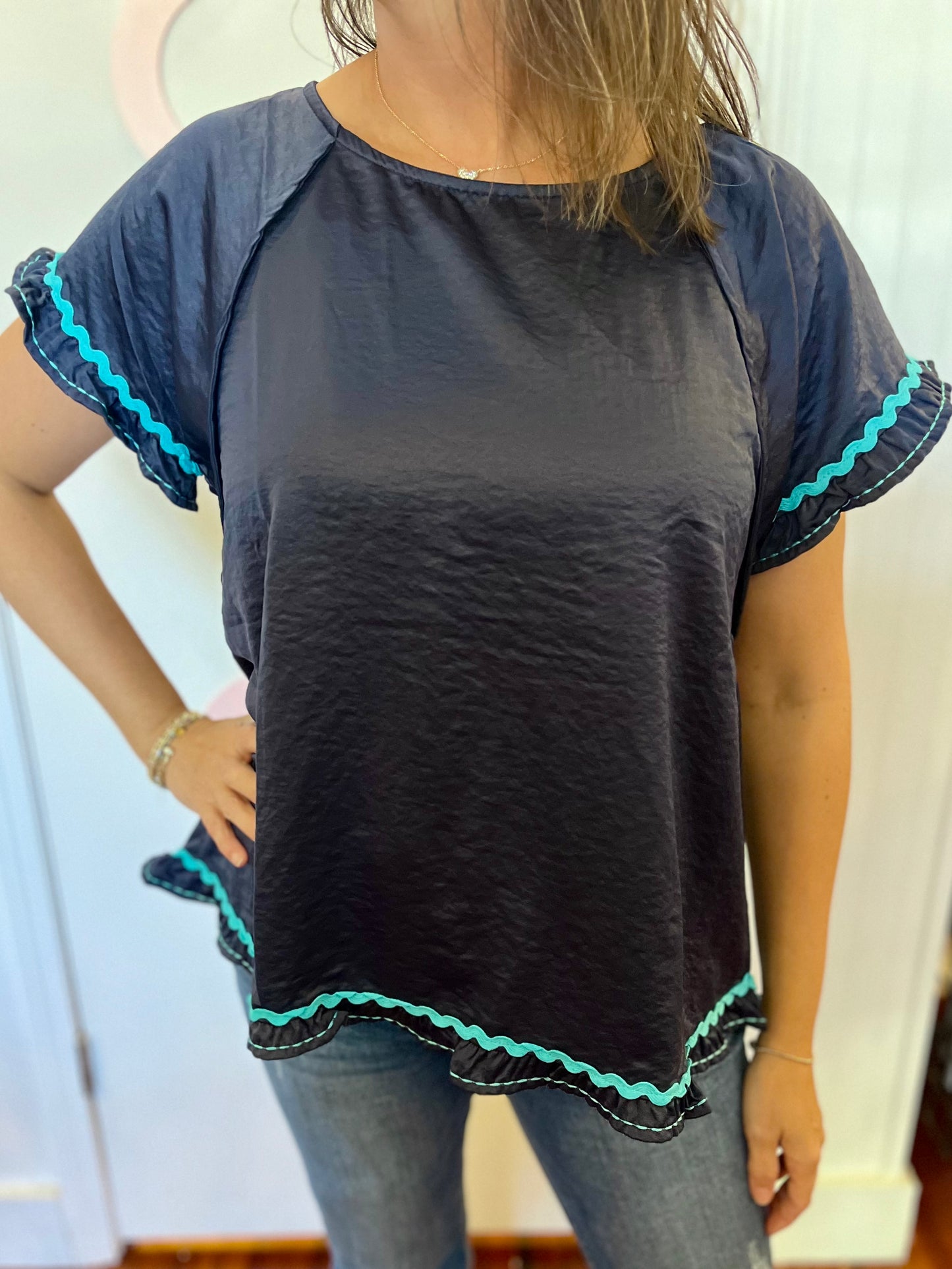 Umgee Blue Scoop Neck Blouse