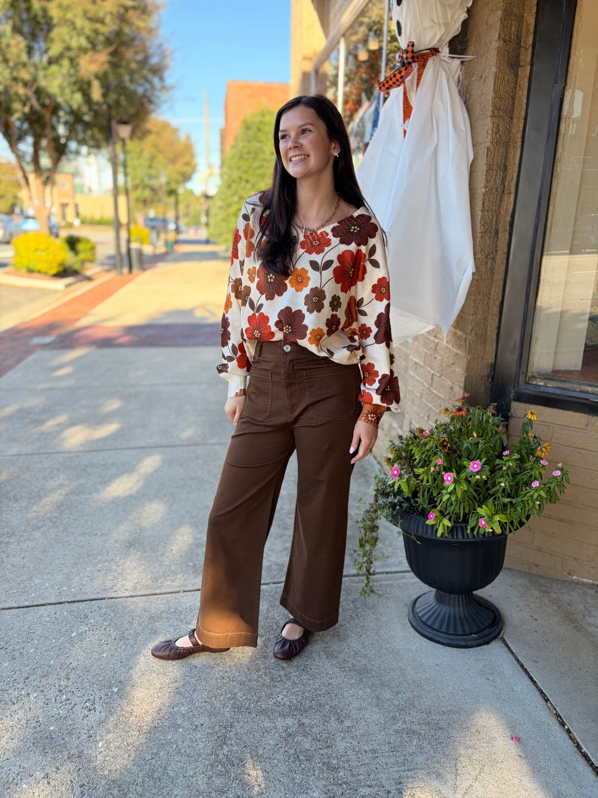 She and Sky Brown Washed Stretch Wide Leg Pants with Pockets