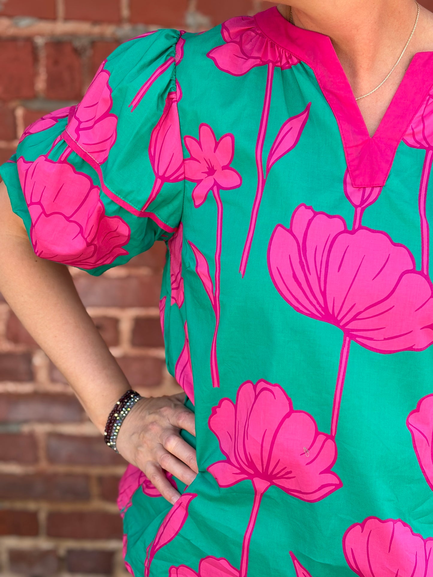 Umgee Floral Puff Sleeve Blouse – Green & Pink Cotton V-Neck Top