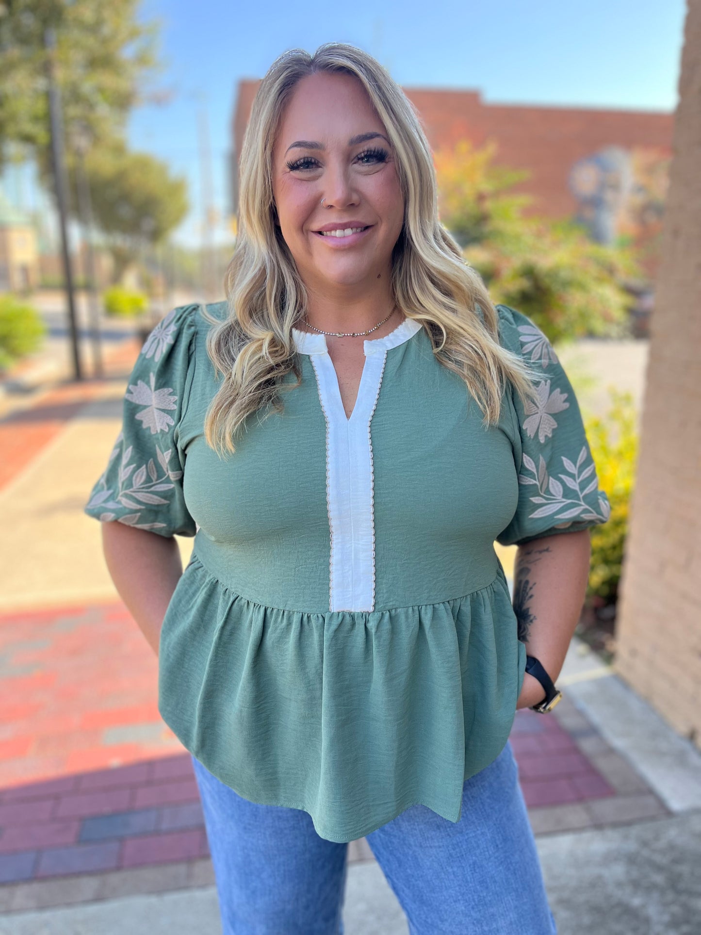 PLUS Oddi Puff Sleeve Peplum Blouse [Basil Green] – Fall & Winter Tops