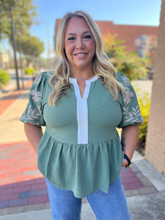 PLUS Oddi Puff Sleeve Peplum Blouse [Basil Green] – Fall & Winter Tops