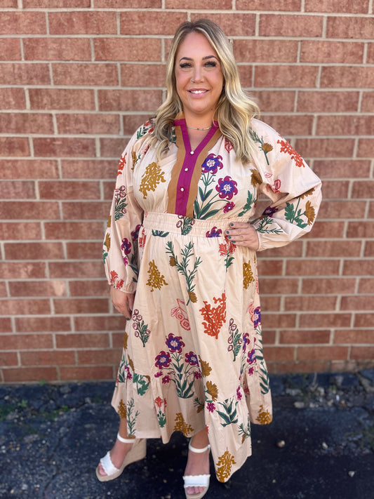 PLUS Umgee Mix Floral Midi Dress – Long Sleeve Smocked Waist Dress for Fall & Winter