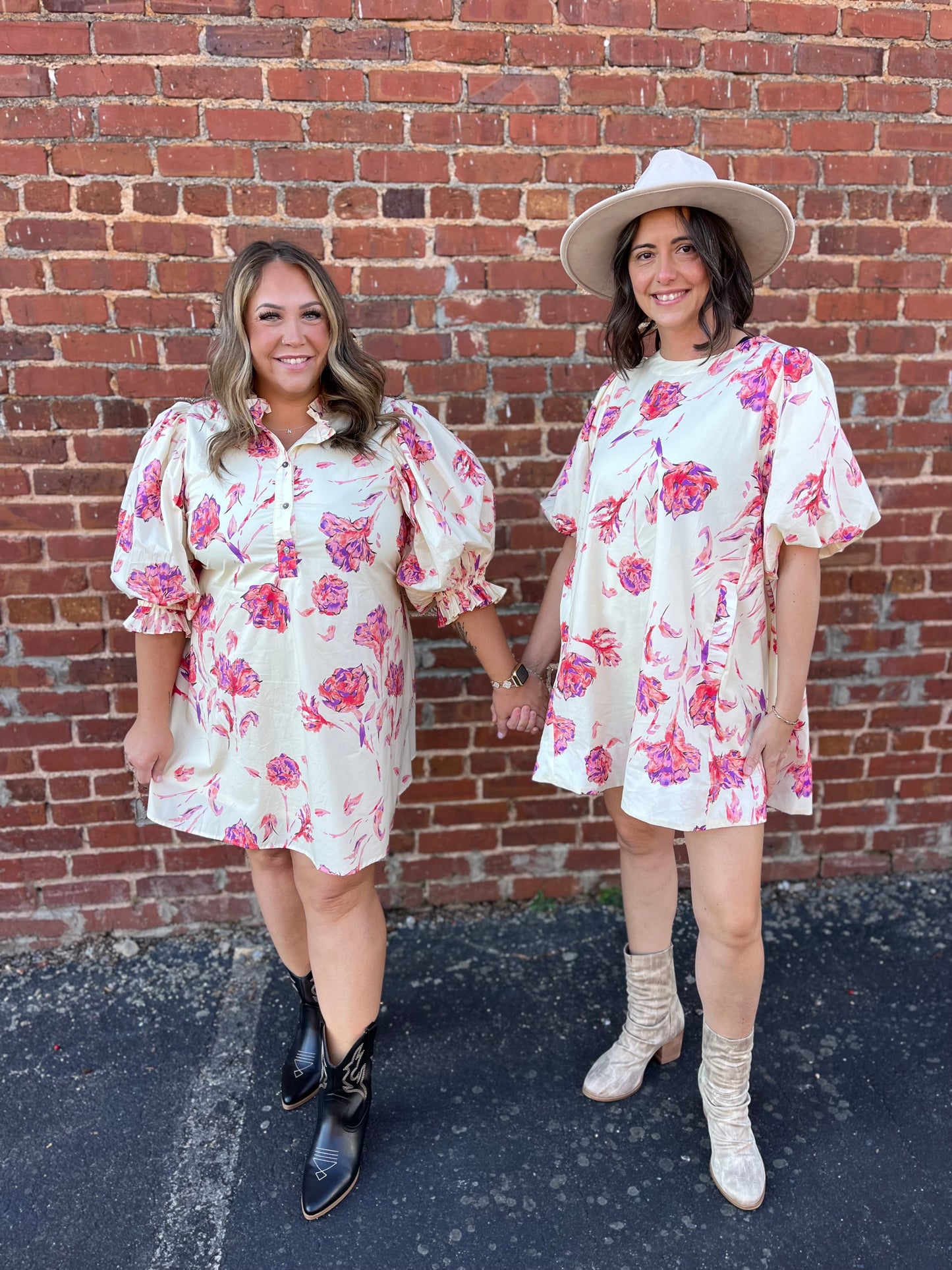 PLUS Entro Cream/Pink Mix Floral Mini Dress with Puff Sleeves