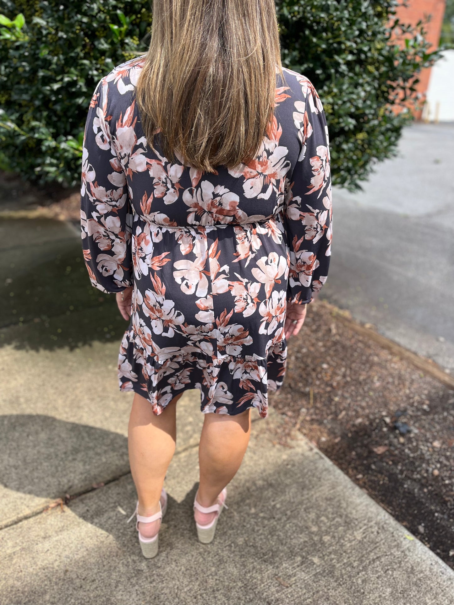 PLUS Charcoal Cream Floral Ruffle Dress