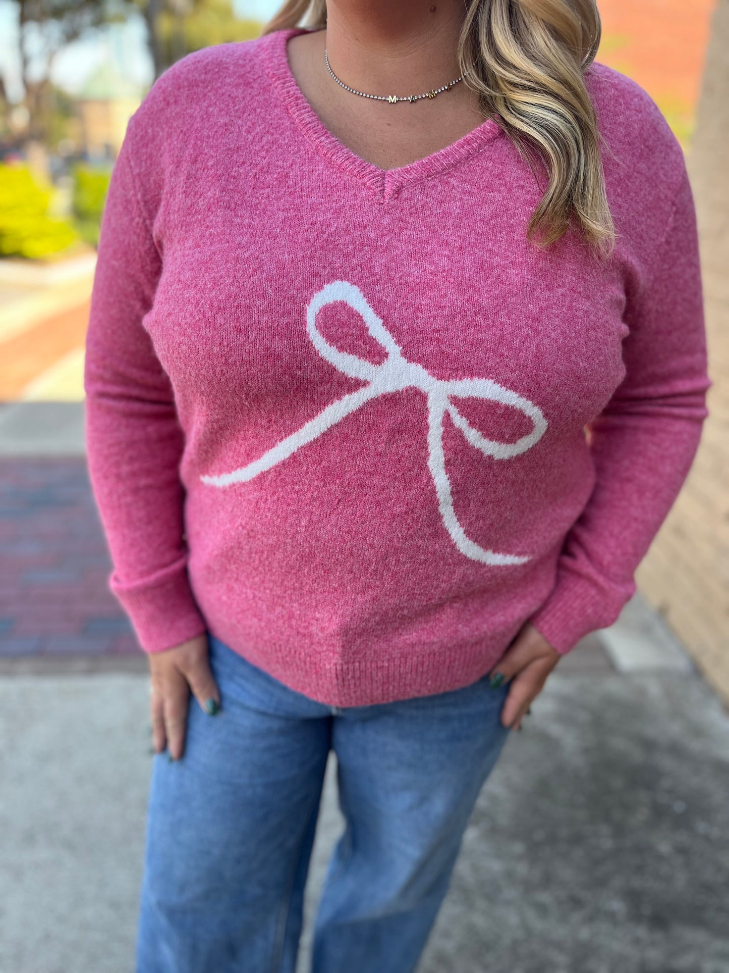 Staccato Pink Bow Print V-Neck Sweater