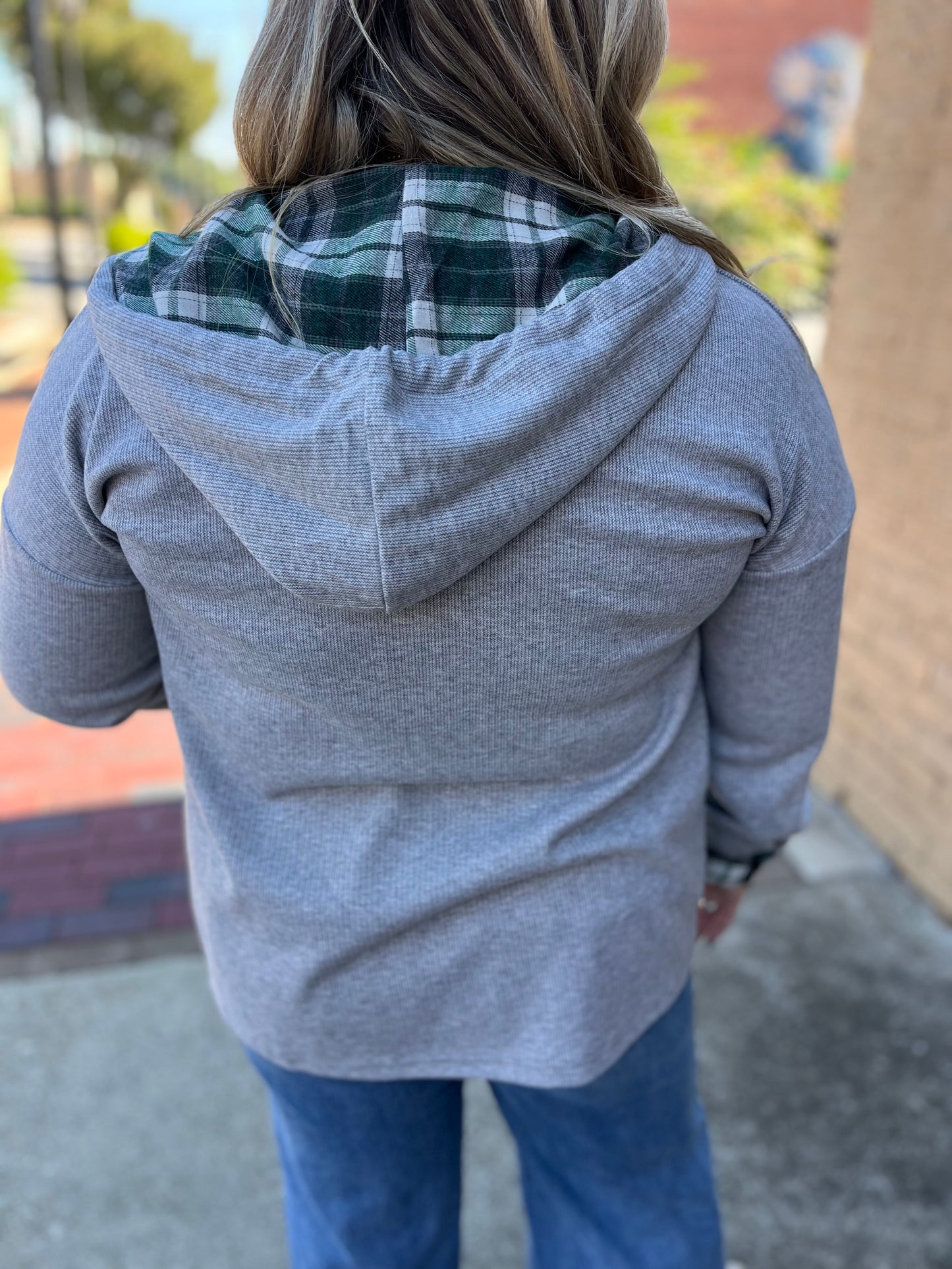 Heather Grey & Green Plaid Contrast Hoodie Shacket – Staccato