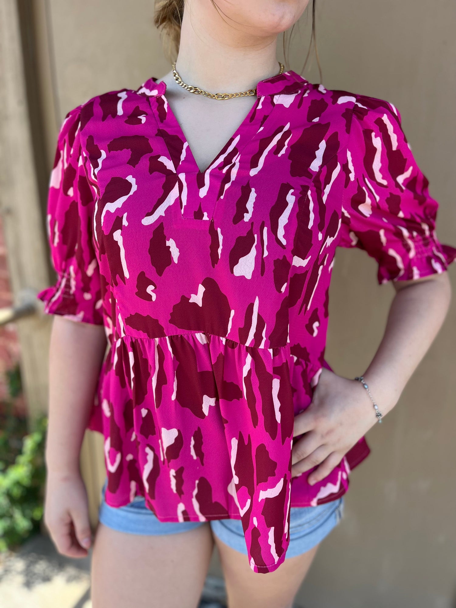 Umgee Leopard Print V-Notch Blouse Umgee