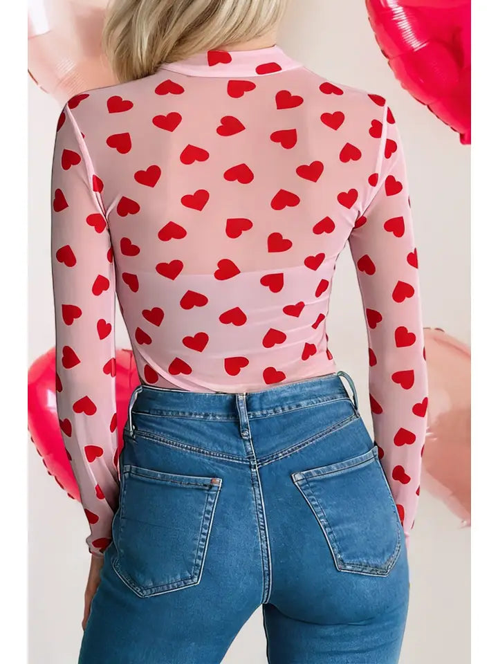 Valentine Hearts Sheer Mesh Mock Neck Top