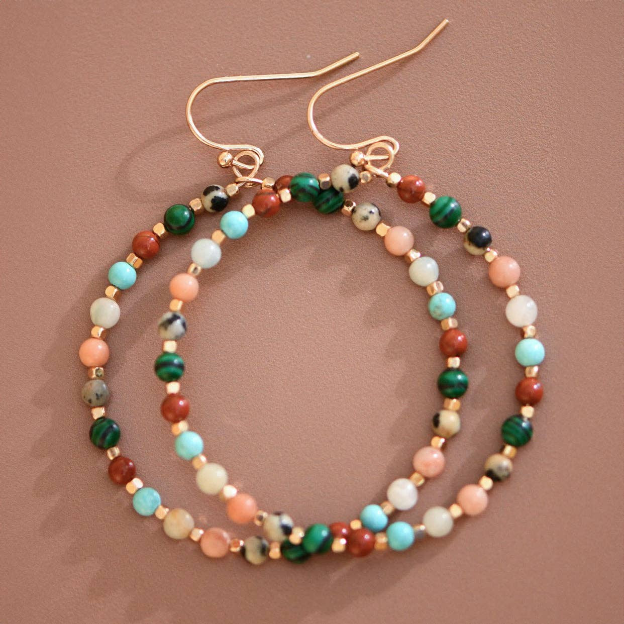 Natural Stone Beaded Circle Drop Earrings
