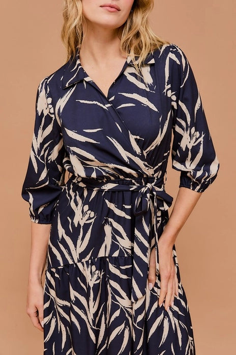 Navy Abstract Print Dress with Tie Waist