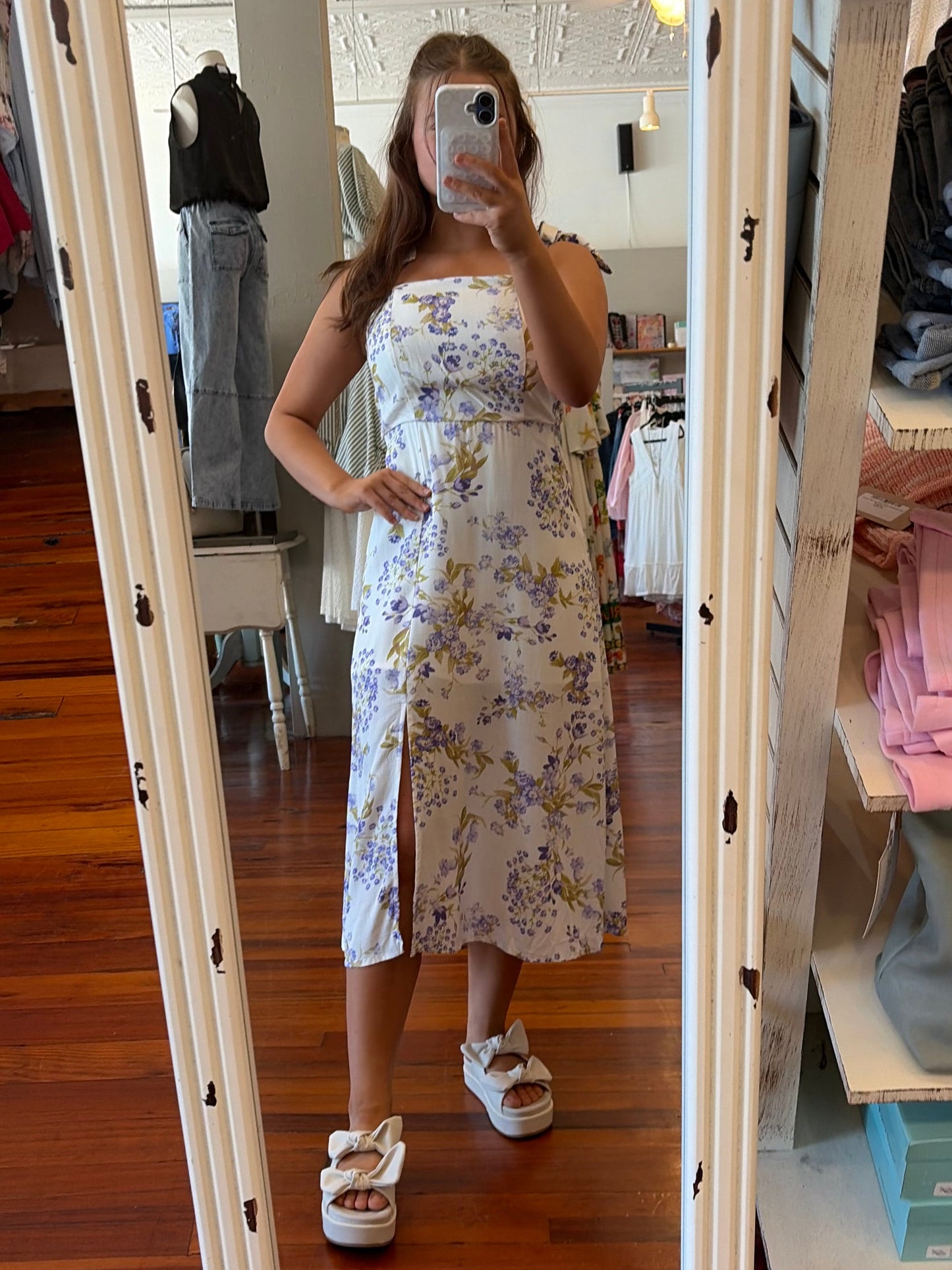 Floral Linen-Like Tie Strap Midi Dress
