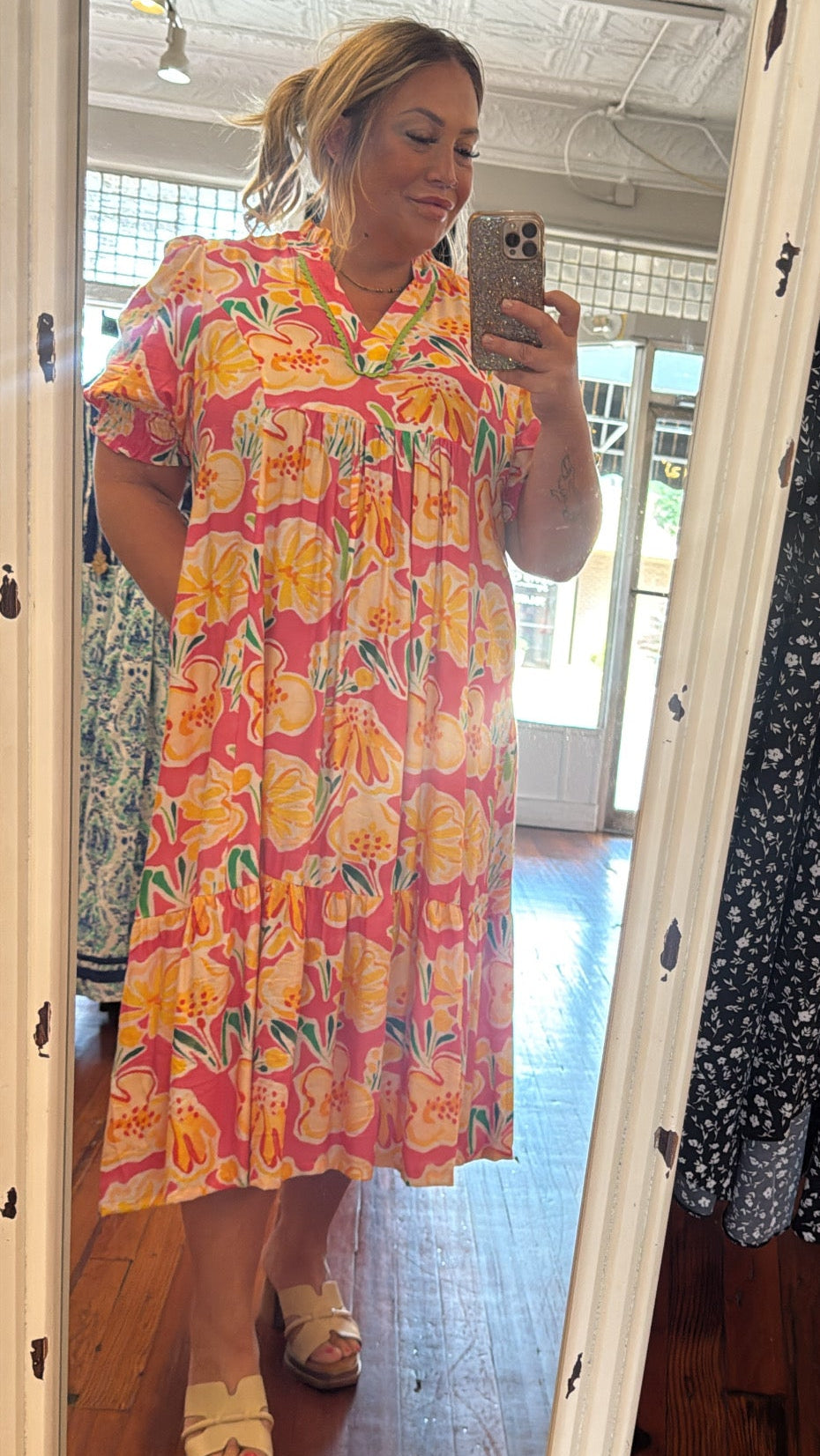 PLUS Umgee Floral Print Tiered Midi Dress – Pink & Orange Puff Sleeve Dress with Pockets
