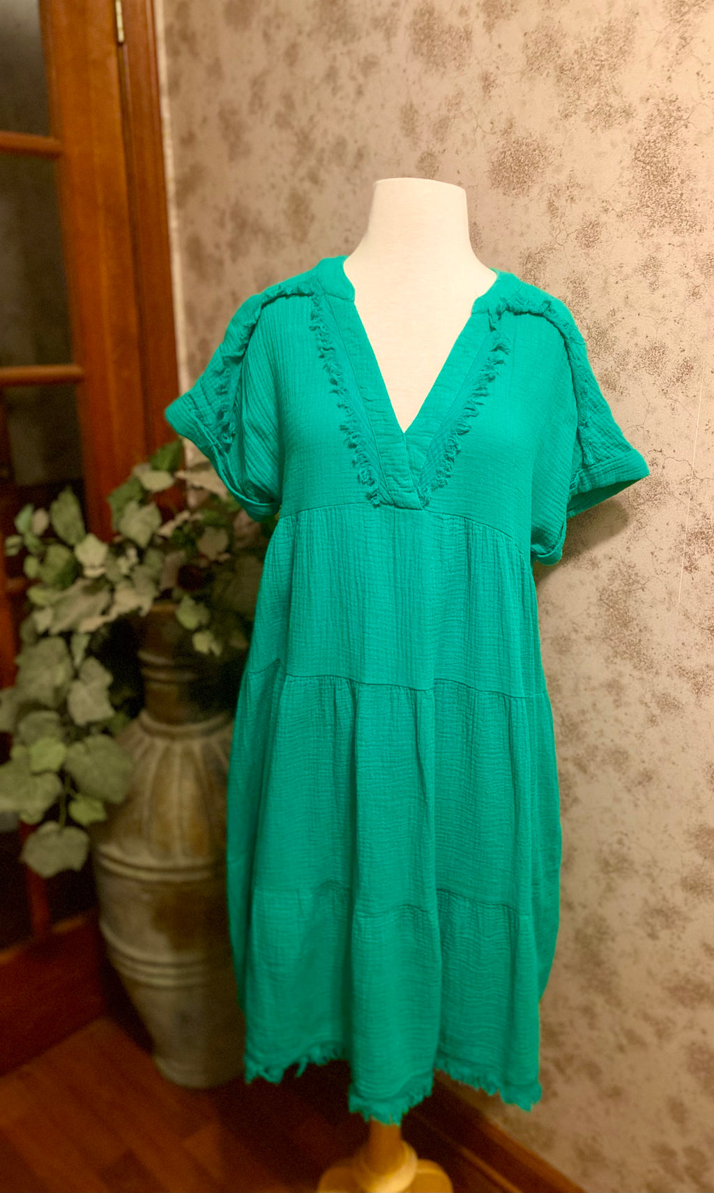 Umgee Green Cotton Gauze Tiered Dress with V Neckline and Short Cuffed Sleeves
