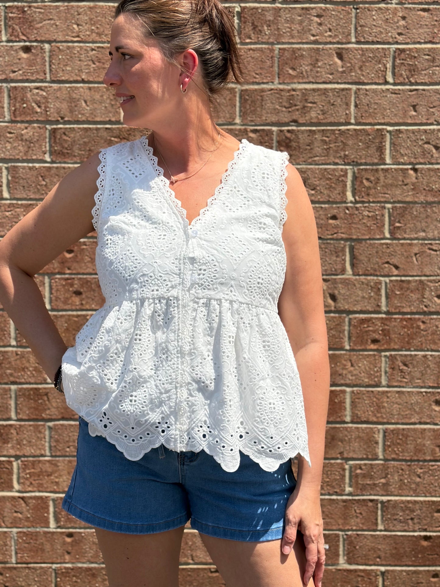 BON White Eyelet Lace Peplum Top