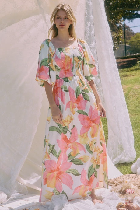 Oddi Floral Smocked Puff Sleeve Maxi Dress