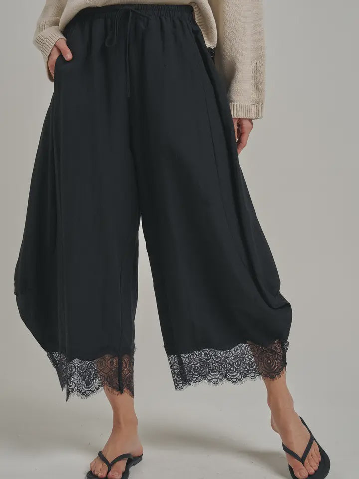 BON Lace Trim Wide Leg Pants - Black