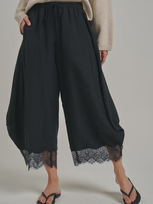 BON Lace Trim Wide Leg Pants - Black