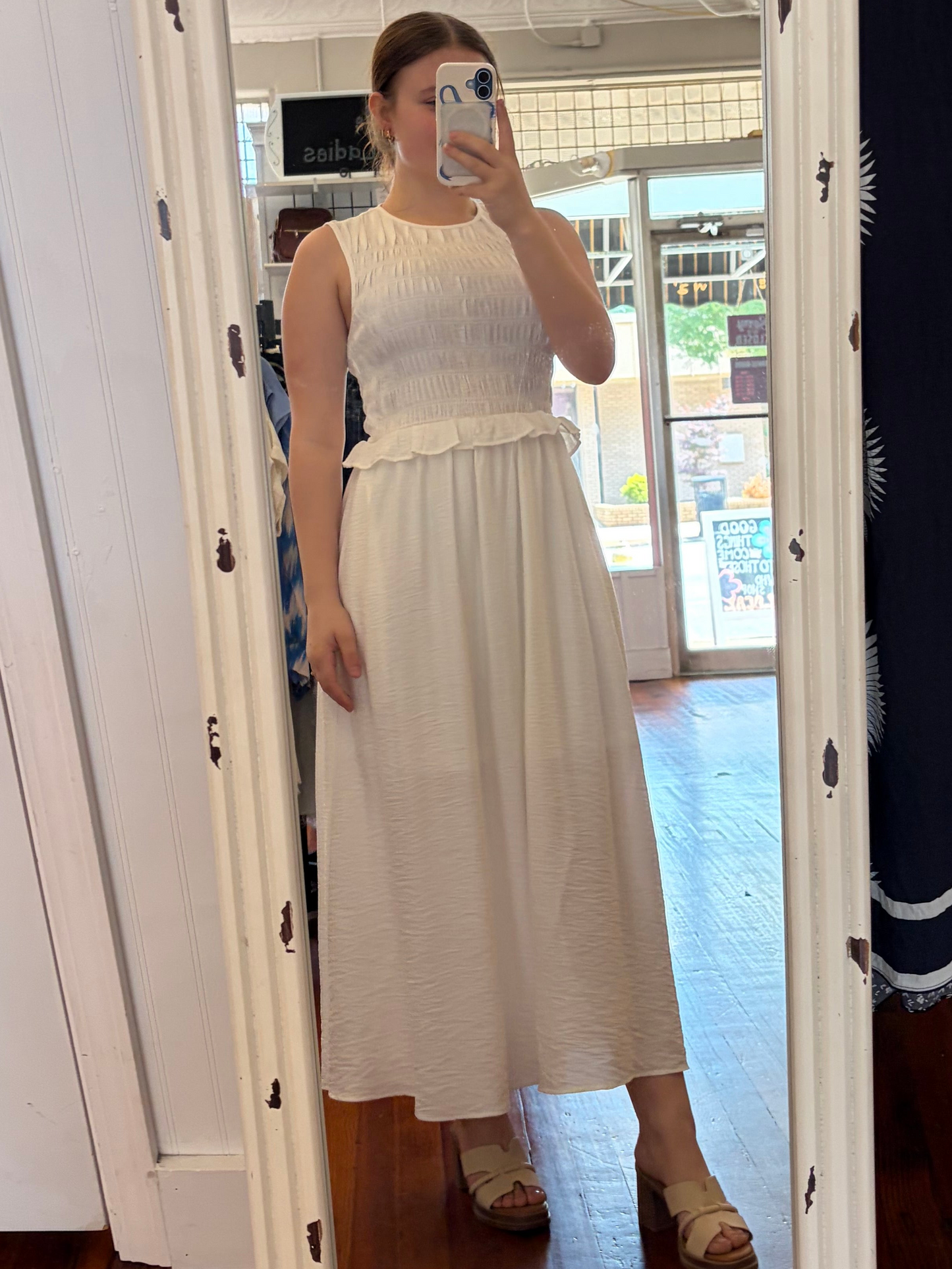Entro Off White Smocked Bodice Sleeveless Midi Dress
