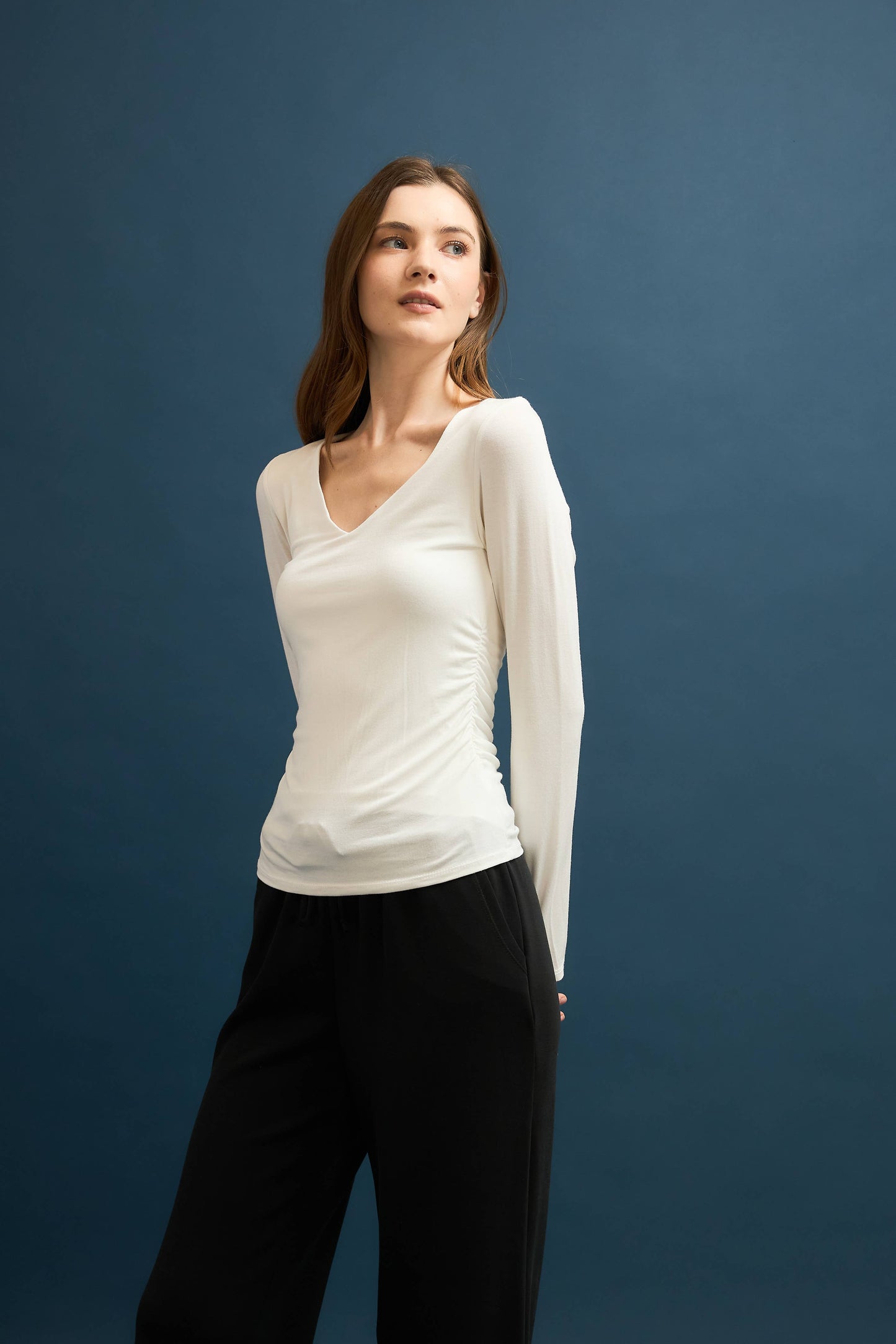 Ivory Double Layered Ruched V-Neck Long Sleeve Top