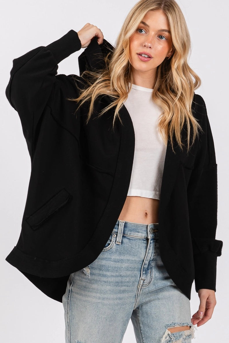 Washed Hooded Open-Front Cardigan – Black