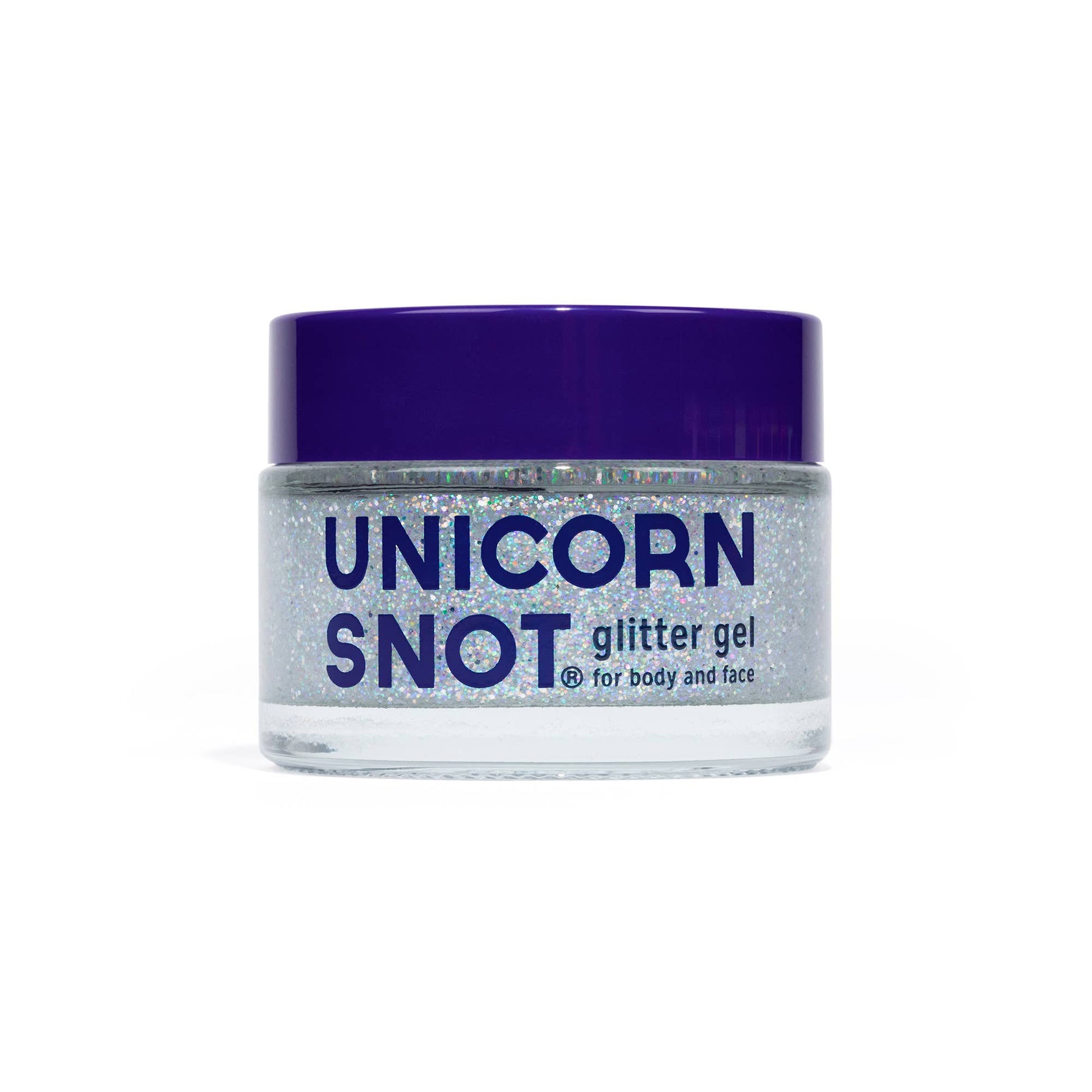 Jar of unicorn snot glitter gel with purple lid on a white background