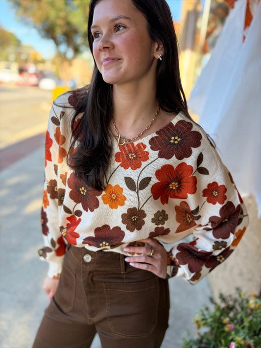 Retro Floral Printed V Neck Relaxed Fit Knit Sweater - Brown Mix