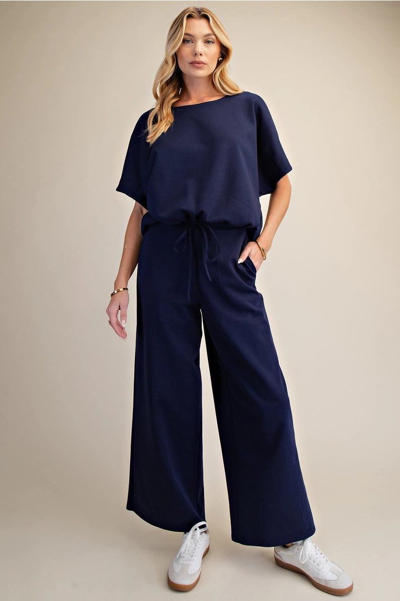 Glam Navy Elastic Waist Wide Leg Pants – Soft Business Casual Comfort