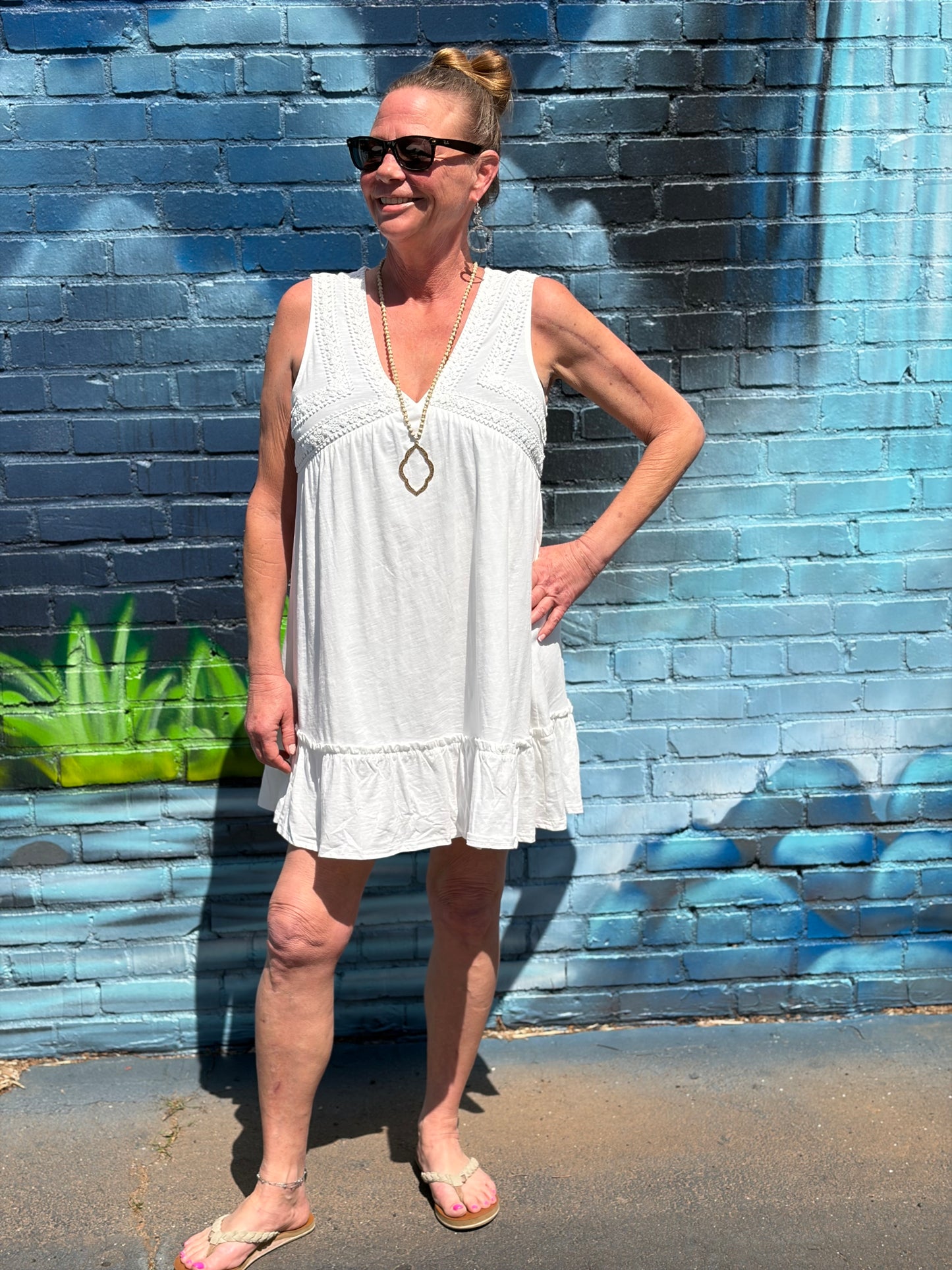 White Slub Knit Crochet Lace Trim Dress