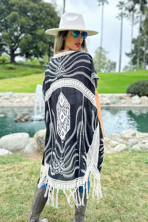 Black Floral Embroidered Lace Maxi Kimono Cover Up